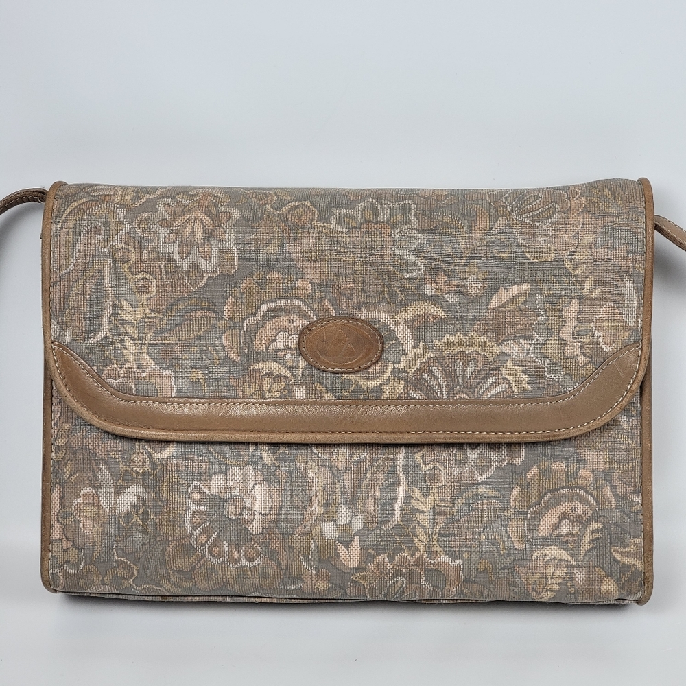 Liz Claiborne Vintage Leather Tapestry Floral Print Convertible Shoulder Bag, EC